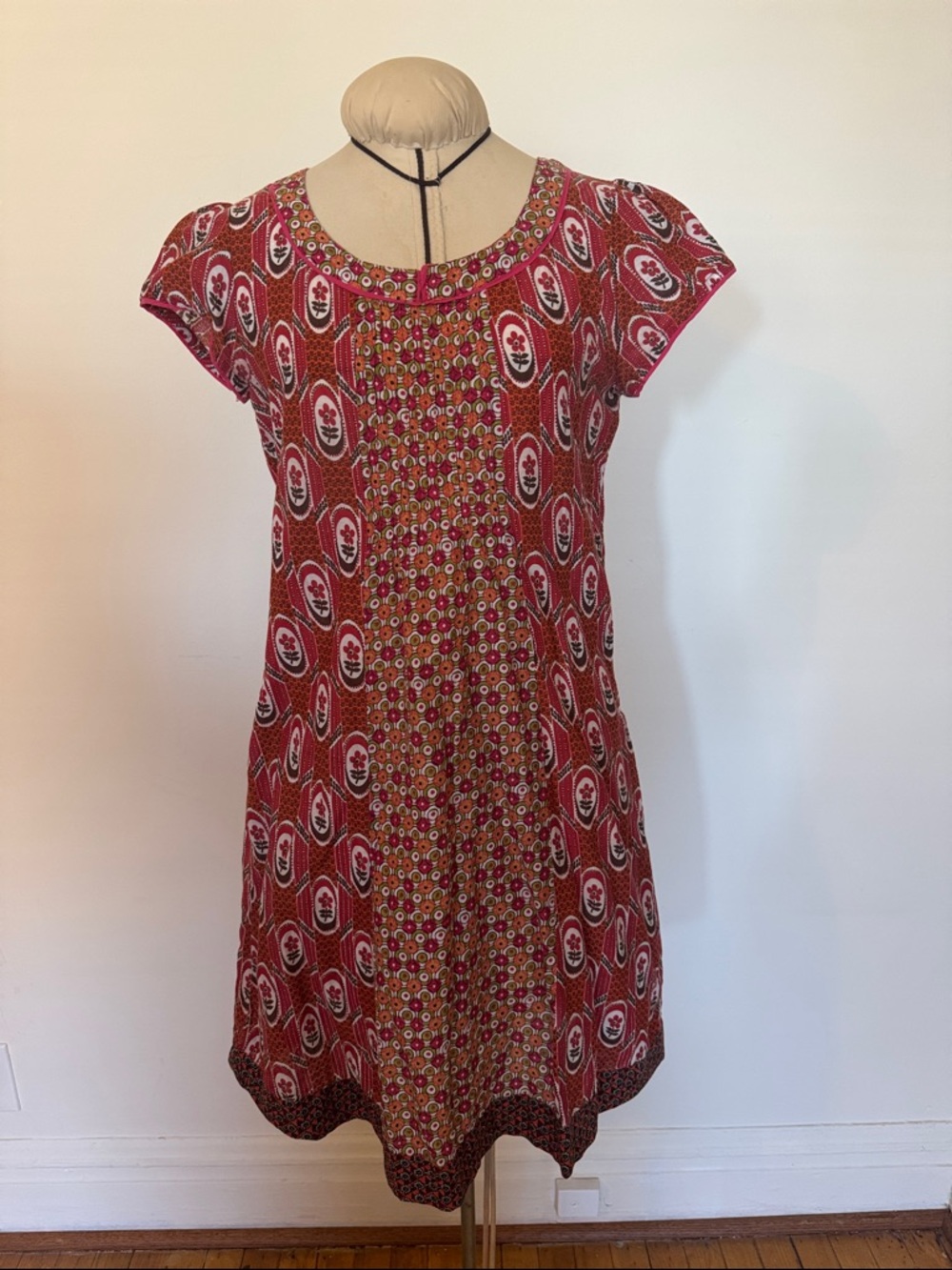 Biba Red Patterned Short-Sleeve Shift Dress